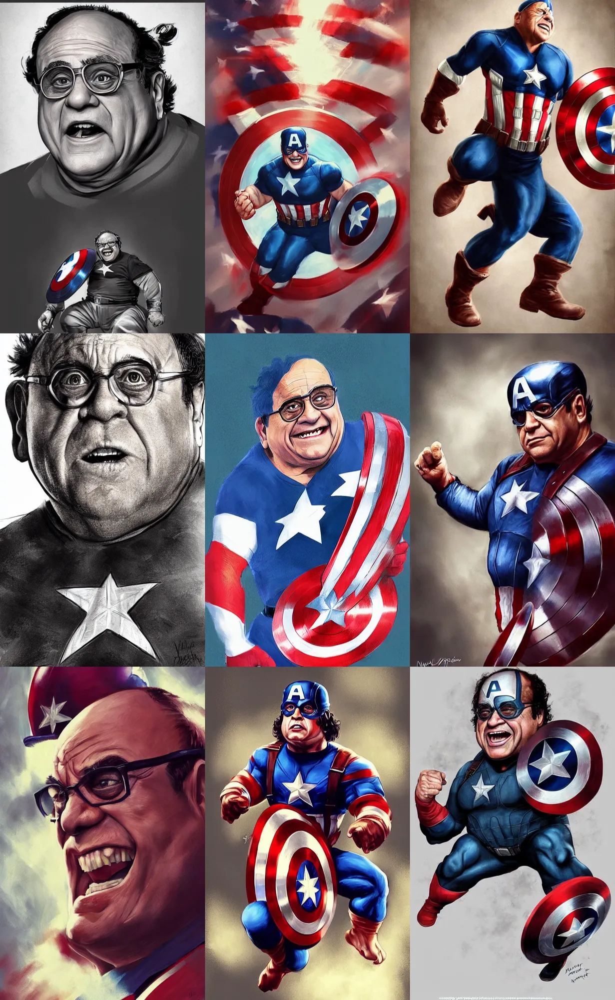 Prompt: a beautiful rendering of danny Devito as captain America by nick Silva, trending on artstation, instagram