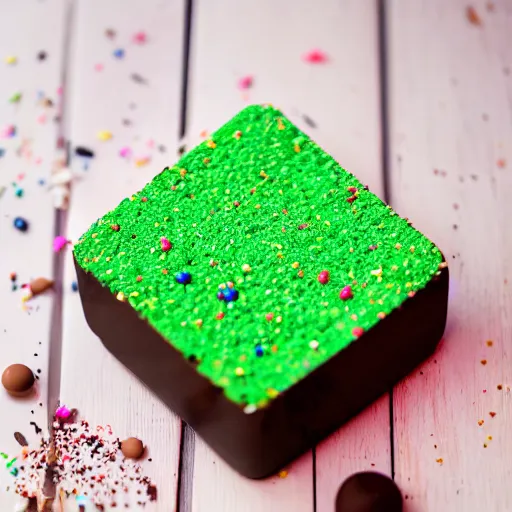 Image similar to photograph of a marshmallow cube with sprinkles and chocolate flakes on a dark wooden chopping board, light green pastel, hessian cloth, styled food photography, photorealistic, 4 k