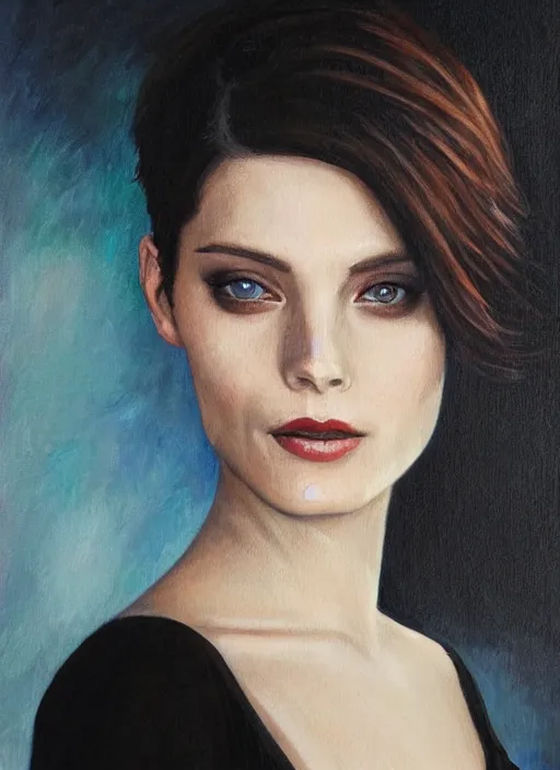 Prompt: Beautiful oil painting of Ashley Greene as Alice Cullen by Chie Yoshii, portrait, pale skin, short black pixie cut hair, smiling, symmetrical face, round face, cute, black dress, dramatic lighting, sharp focus, smooth, happy