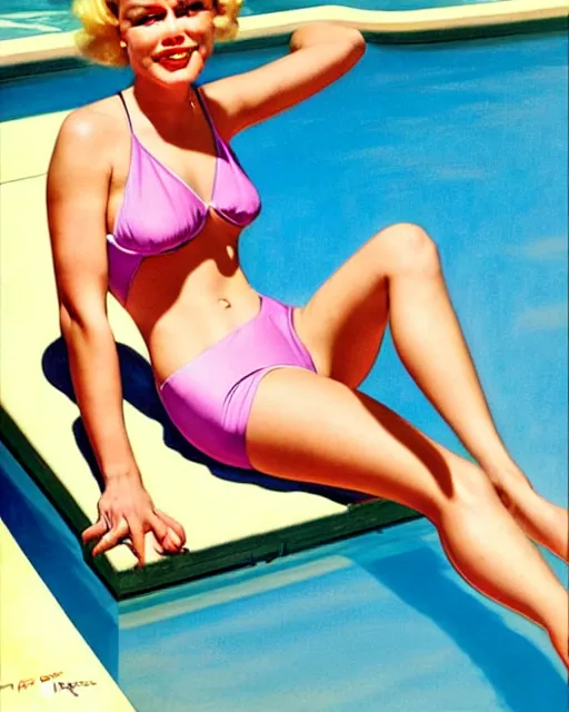 Image similar to tuesday weld swimming in a pink bikini, tuesday weld half immersed in water in a palm springs midcentury swimming pool by gil elvgren, by mort kunstler, by robert maguire