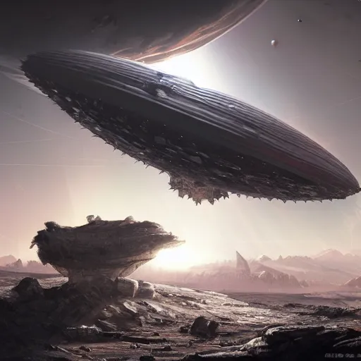 Image similar to a spiky imperial hamburger space ship travelling near a barren planet by Marek Okon, god rays, fantasy art, 4k, HDR, photorealistic, 8k, trending on artstation