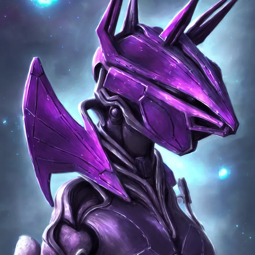Prompt: cinematic bust shot, cosmic sized proportional stunning beautiful hot female warframe, detailed robot mecha female dragon head, metal ears purple eyes, sleek silver armor, fuschia skin, floating in empty space, nebula sized, posing elegantly, epic proportions, epic size, epic scale, furry art, dragon art, giantess art, warframe fanart, furaffinity, deviantart