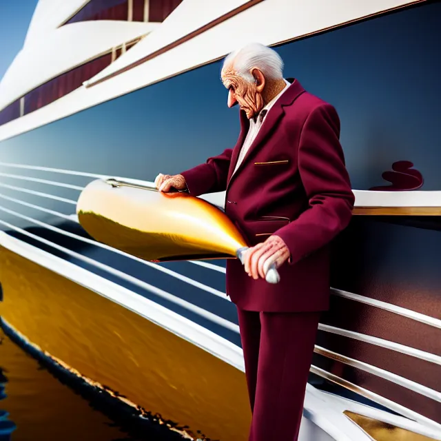 Image similar to wrinkled hunchbacked old man in musty burgundy suit, polishing painting the side of a huge gold plated mega yacht with a cloth, maintenance photo