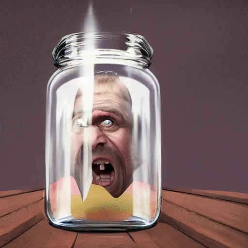 Prompt: a scared man trapped in a jar