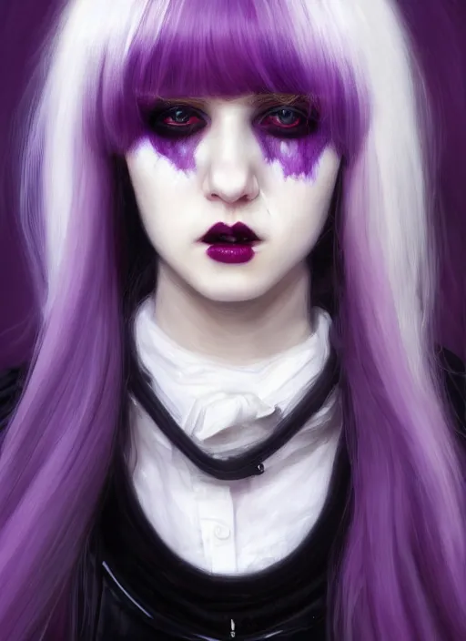 Image similar to portrait of white teenage girl, normal face, white bangs, mall goth, cyberlox, black and white hair, bangs, fluffy bangs, red contact lenses, purple lipstick, intricate, elegant, highly detailed, digital painting, artstation, concept art, sharp focus, smooth, illustration, art by wlop, mars ravelo and greg rutkowski