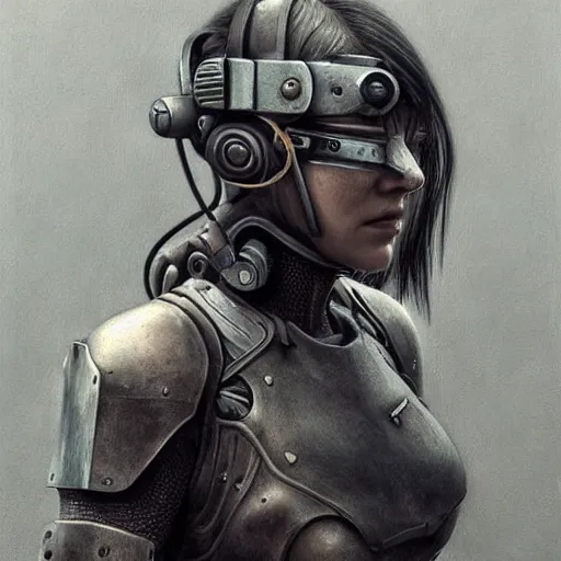 Prompt: a hyperrealistic portrait painting of a beautiful female cyberpunk warrior, by john kenn mortensen, highly detailed,