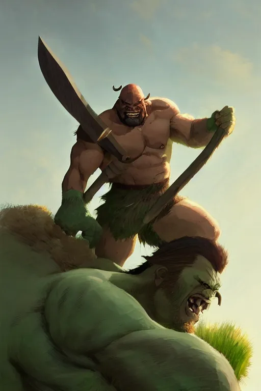 Image similar to orc barbarian male, green skin, exquisite details, big axe, earth magic, mid view, design on a white background, by studio muti, greg rutkowski makoto shinkai takashi takeuchi studio ghibli