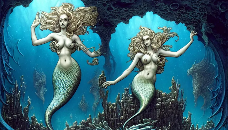 Prompt: a graceful beautiful mermaid looking at the sunken city of Atlantis deep under water, stunning undersea intricate detailed grand architecture in the style of Joe Fenton, art style by Greg Rutkowski and Mohrbacher and Gerald Brom and H. R. Giger, deep underwater scene, dark and moody, rays of sunlight, faint volumetric god rays, grim crushing atmosphere, trending on artstation, masterpiece, claustrophobic, dizzy, sharp focus, 8k octane beautifully detailed render, post-processing, extremely hyperdetailed, intricate, epic composition, grim yet sparkling atmosphere, cinematic lighting + masterpiece, trending on artstation, very detailed, Art Nouveau