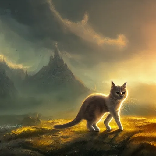 Prompt: landscapes full of beautiful cat, golden hours, elden ring style, trending on art Station