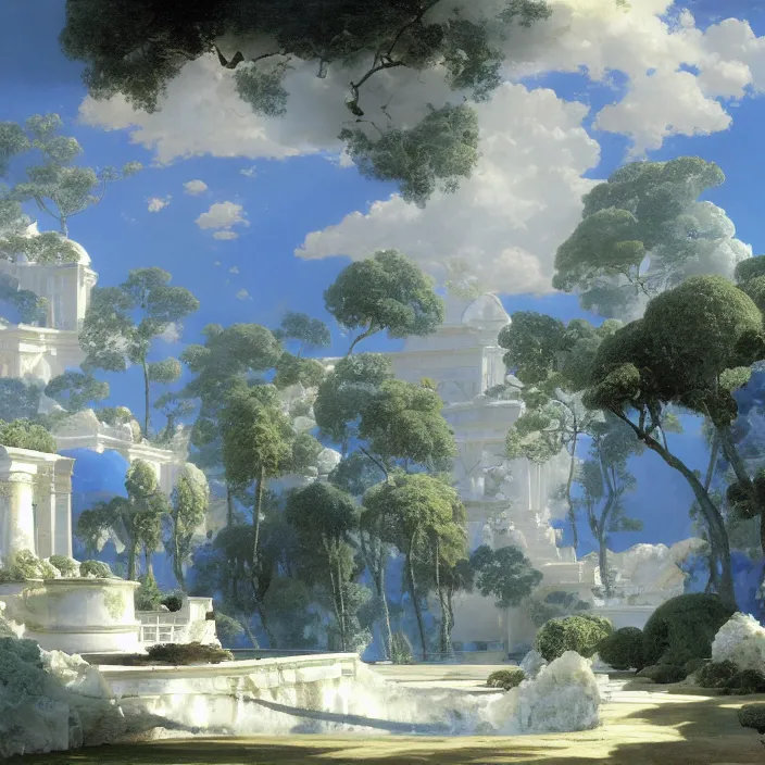 Prompt: gardens of marble draped in flowing sheets of cobalt blue satin and silver satin, by syd mead and ivan aivazovsky and alma tadema and pieter claesz and moebius and roger dean and august malmstrom and thomas cole, hyperrealistic, volumetric light, octane render
