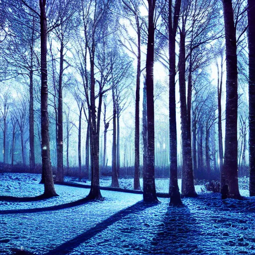 Image similar to Photorealistic, highly detailed, forest landscape, dark blue background, illuminated big wintry oak trees with different colors, night time