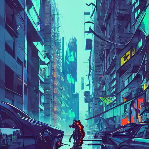 Prompt: A cyberpunk shark cyborg on the street of a cyberpunk city, Dutch angle, 150 mm, art by Josan Gonzalez, sci-fi, highly detailed, digital painting, artstation, smooth, sharp focus, illustration, concept art by Josan Gonzalez and James Gurney and Mœbius