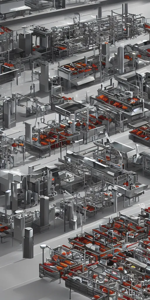 Image similar to concept art, industrial synthetic food production line. food, meat, fruit, vegetables, protein, organized, high detail, 8 k, octane rendering, unreal engine.