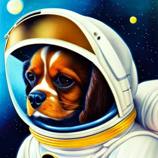 Prompt: cavalier king charles spaniel, wearing an astronaut helmet, on the moon, art by artgerm and david a hardy