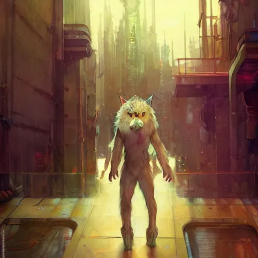 Prompt: wolfman furry fursona pijama fluffy neck, futuristic city, gaston bussiere, artgerm, greg rutkowski, john berkey, ruan jia, jack kirby, marvel