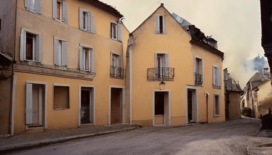 Prompt: 1 9 6 0 s movie still of a burning french style townhouse in a small french village, cinestill 8 0 0 t 3 5 mm technicolor, high quality, heavy grain, high detail, texture, dramatic light, ultra wide lens, panoramic anamorphic, hyperrealistic