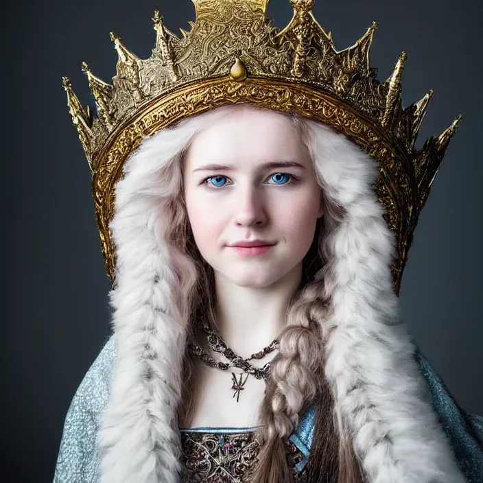 Image similar to portrait photograph of a real-life extremely beautiful!! young adult nordic queen with ornate cloak and crown, looking at the camera!!. Extremely detailed. 8k