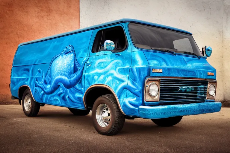 Prompt: a wide shot photo of a dark blue metallic 1 9 7 2 chevy g 1 0 panel van parked in a garage with an awesome airbrushed scene of a monster made of colorful coral reef emerging from the sea, 8 0 s synthwave, airbrushed, trapper keeper, lightning, explosions, creature design, monster, dinosaur, sony 2 4 mm f 8. 0
