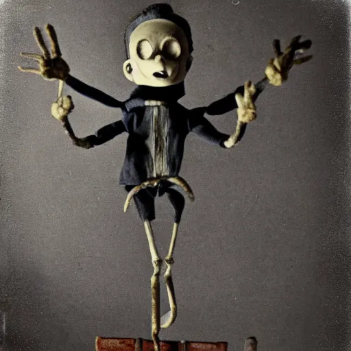 Prompt: alive, creepy marionette puppet, leaping towards viewer, horrific, unnerving, clockwork horror, pediophobia, lost photograph, dark, forgotten, final photo found before disaster, polaroid,