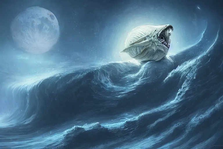 Prompt: the moon is an angler fish in the ocean depths of the sky by jessica rossier and hr giger