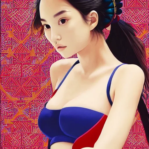 Image similar to a beautiful young japanese natalie portman alluring gravure model, stylized concept art, wearing big elaborate designer bomber jacket and one piece bikini, bomber jacket with mesoamerican patterns, mesoamerican native street fashion, princess mononoke, painted by ilya kuvshinov aesthetic, gorgeous, stunning, alluring, attractive, artstation, pinterest, digital art