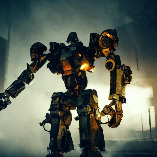 Image similar to cutlery mecha, dark messy smoke - filled cluttered workshop, dark, dramatic lighting, orange tint, cinematic, highly detailed, sci - fi, futuristic, movie still