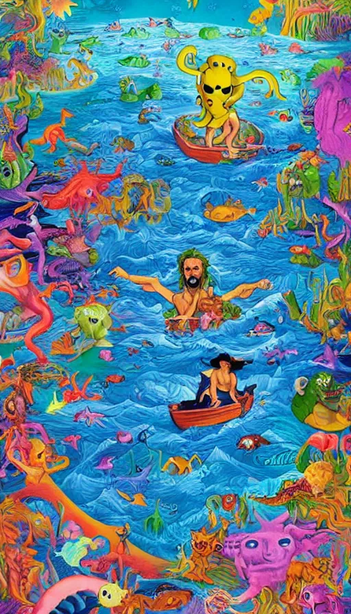 Image similar to man on boat crossing a body of water in hell with creatures in the water, sea of souls, by lisa frank,