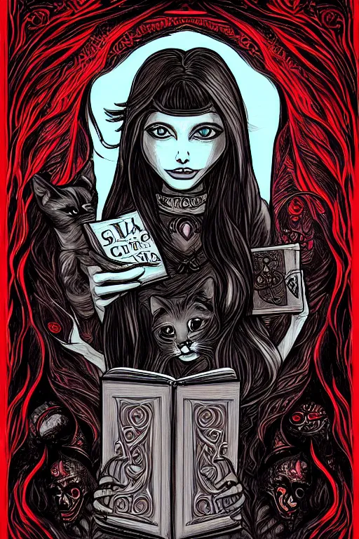 Image similar to silvio berlusconi illustration of romantic girl, her cat and her book of necronomicon, symmetrical, cinematic, sharp focus, 4 k, ultra hd, sense of awe, sinister demonic atmosphere, dreadful, forbidden knowledge, old gods, cthulhu, yog - sothoth! yah, yah, yah! cultist journal cover