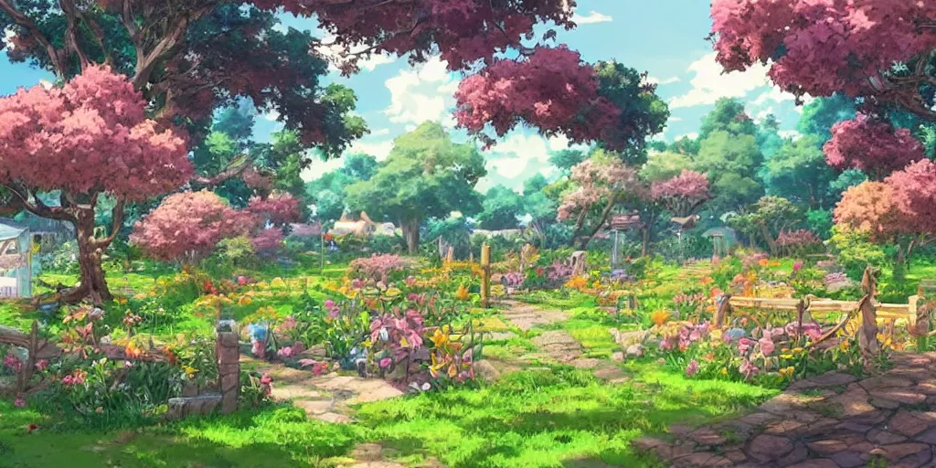 Image similar to a beautiful fantasy farm, anime style, cheerful and peaceful mood