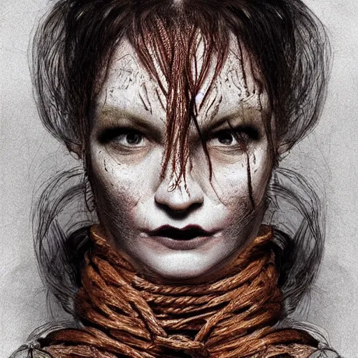 Image similar to portrait of a Shibari rope wrapped face and neck, headshot, insanely nice professional hair style, dramatic hair color, digital painting, of a old 17th century, old cyborg merchant, amber jewels, baroque, ornate clothing, scifi, realistic, hyperdetailed, chiaroscuro, concept art, art by Franz Hals and Jon Foster and Ayami Kojima and Amano and Karol Bak,