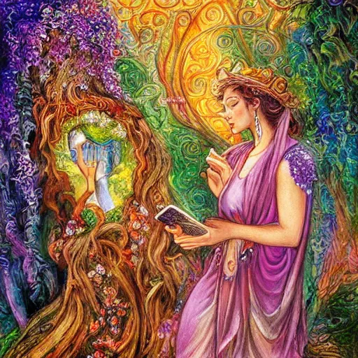 Image similar to a nature goddess checking her cell phone by josephine wall, high resolution