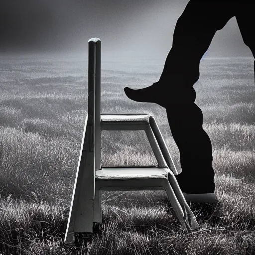 Image similar to a hand holding a step ladder emerges from the mist