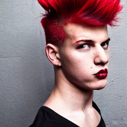 Image similar to young man with a short red dyed mohawk, red eyes and a slim face, dressed in punk clothing, punk style, headshot photo, attractive, handsome, in color,