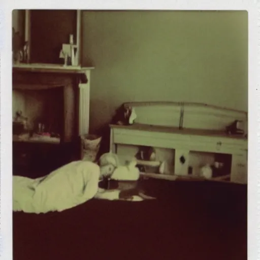 Image similar to coloured atmospheric polaroid photo of a with transparent corpse dead body floating in old living room interior