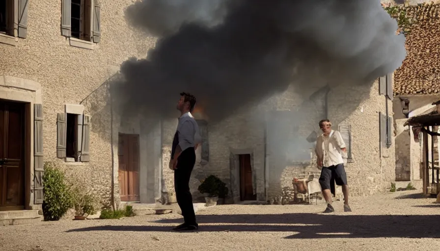 Image similar to movie still of nathan never in a french style townhouse who is burning in a small french village, heavy grain, high quality, high detail, dramatic light, anamorphic, flares