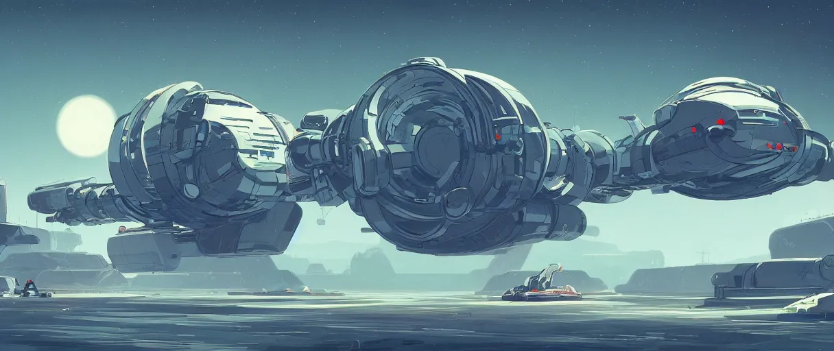Prompt: concept art, industrial design spaceship drifting in space, dreamy, very large scales, wide angle, cinematic lighting, 4k, widescreen ratio, in the style of simon stalenhag