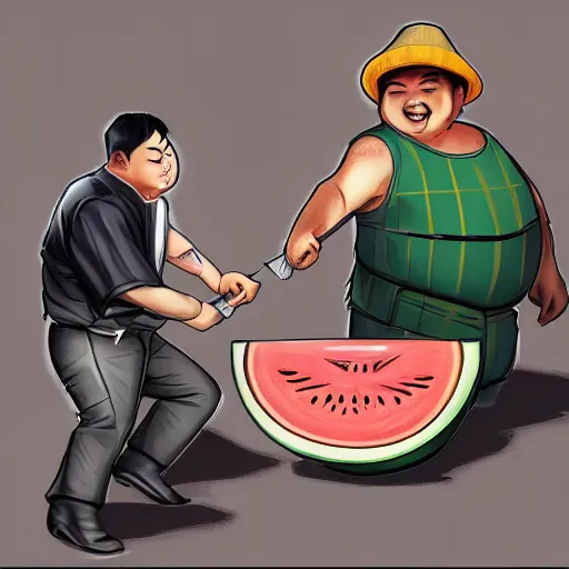 Image similar to a chinese fat guy being stabbed by was stabbed by a man with a watermelon knife in a melon stall.digital art,trending on artstation.