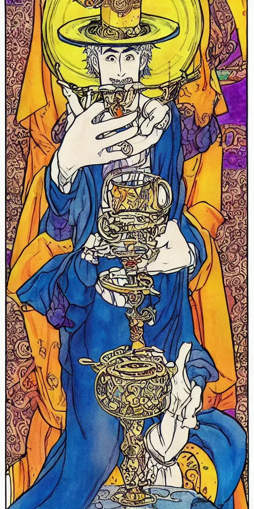 Image similar to a mystical man with a goblet on the table, wizard hat, drawn by Naoko Takeuchi, impressive line work, tarot card. tarot card the magician, psychedelic, intricate