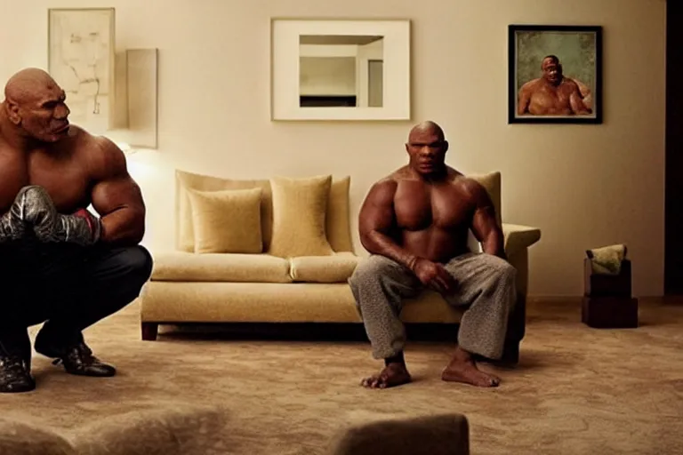 Image similar to a giant toad sitting with mike tyson in a large clean hotel room, on a couch, movie directed by martin scorsese and christopher nolan, masterpiece, 8 h