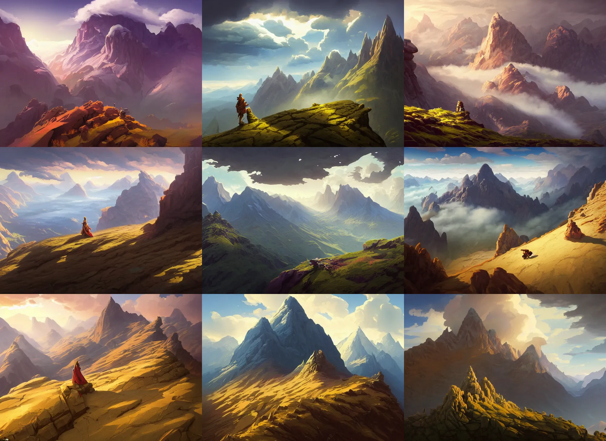 Image similar to mountain landscape without people, extreme view angle, above low layered clouds, deep focus, fantasy, intricate, elegant, highly detailed, digital painting, artstation, concept art, matte, sharp focus, illustration, hearthstone, art by rhads and artgerm and greg rutkowski and alphonse mucha.