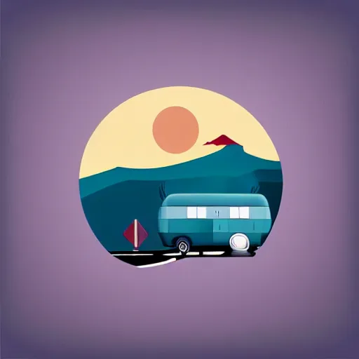 Image similar to very very very stylized minimal vector graphic of a thor chateau motorhome, highway, mountains and sunset!!, white background, all enclosed in a circle, dramatic, professional minimal graphic design cartoon, award winning