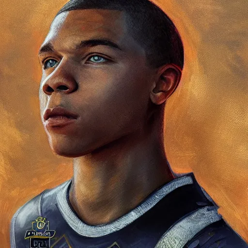 Prompt: portrait of Kylian Mbappe in fantasy armor, detailed, cinematic light, art of D&D