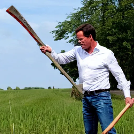 Image similar to mark rutte wielding an axe hitting cows, on farmland