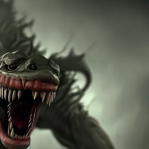 Prompt: monster with a very toothy smile, 8 k, shallow depth of field, moody lighting, ultra high detail, concept art,