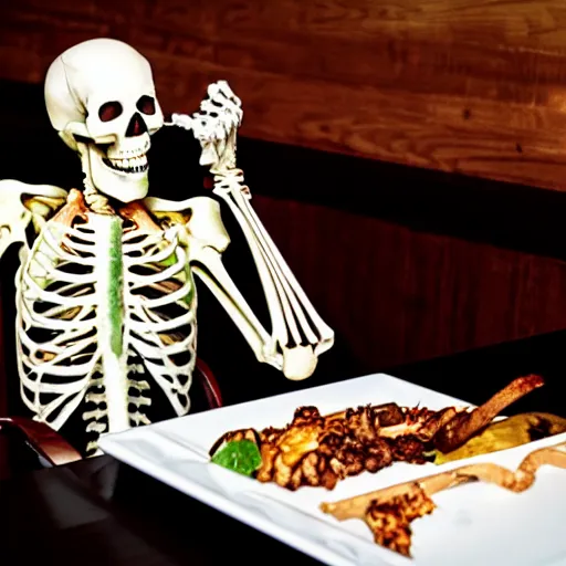 Prompt: Skeleton eating at Outback Steakhouse