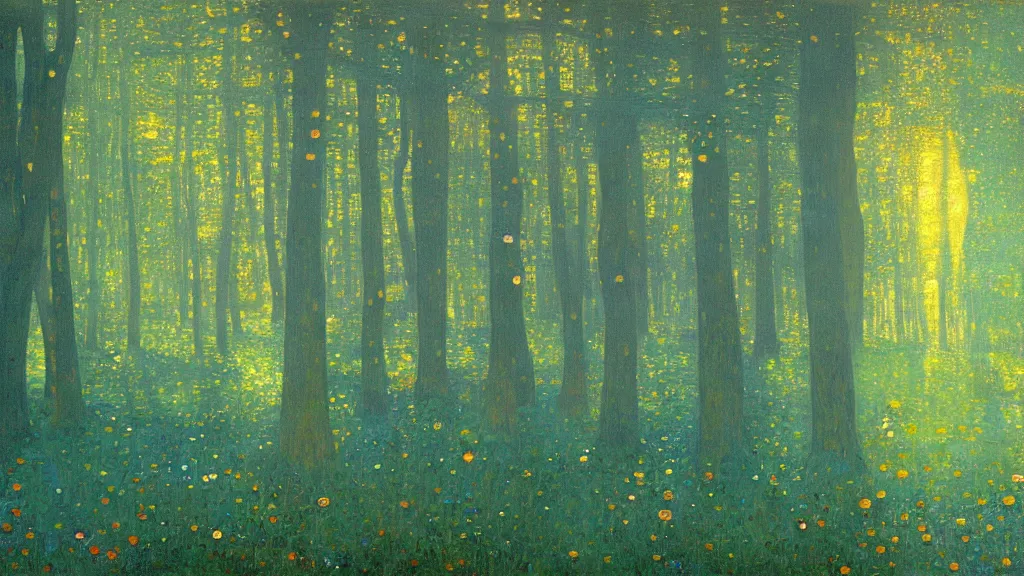 Prompt: A Gustav Klimt oil painting of a hauntingly beautiful elven forest in the morning; rays of light coming through the canopy; trending on artstation; extraordinary masterpiece!!!!!!; 8k