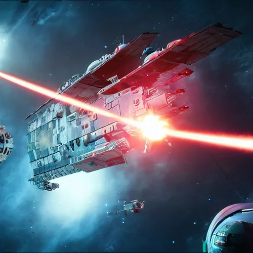 Prompt: dramtic spacecraft battle scene, sci-fi movie shot, ultra detailed, octane render, laser fire, explosions, 8k