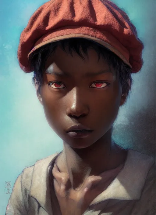 Image similar to prompt : portrait soft light painted by james jean and katsuhiro otomo and erik jones, inspired by akira anime, epic fantasy, a young dark skinned girl with short hair dressed as a boy in plain peasant clothing and a newsboy cap, intricate oil painting, high detail illustration, sharp high detail