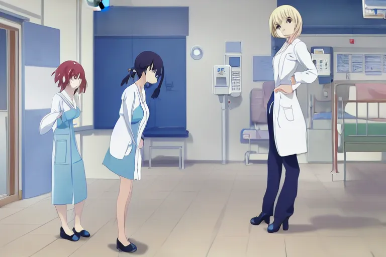 Image similar to a cute and beautiful young female doctor wearing white coat are talking with an elegant nurse wearing blue coat in a hospital ward, slice of life anime, anime scenery by Makoto shinkai