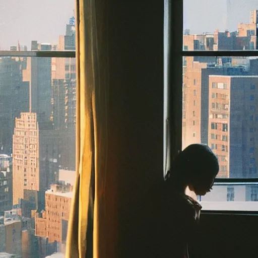 Image similar to “ a girl holding a cup of coffee looking out a window overlooking the east village in new york city, morning light, by hayao miyazaki ”